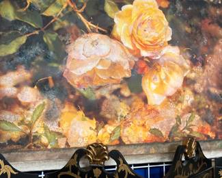 Vintage hand painted roses canvas tapestry wall hanging  artist signed