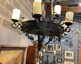 Large Iron Chandelier w Glass Shades $275