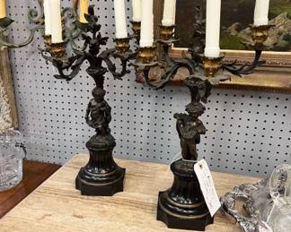 Pr. French 19th C Bronze & Marble Figural Candelabra $400