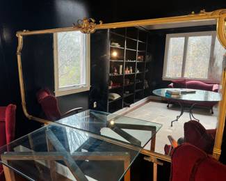 Vintage Gold Gilt Headboard / Dresser Top Mirror with Carved Accents (Mirror Size - 42"H x 80"W x 2"D / Comes with Legs)