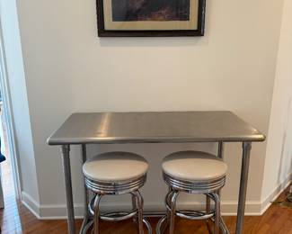 John Boos & Company Stainless Steel Bar Height Console Table (47"W x 24"D x 38"H) & Retro Chrome Barstools (pair)