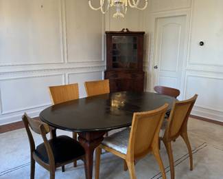 Oval Black Top Mahogany Dining Table (44"W x 29"H x 60"L w 1 - 10" Leaf) & Mid-Century Modern Leather Seated Side Chair (2 Available) & Vintage 1970's Side Chairs with Sheep Skin Seat Covers(18"W x 22"D x 35" Back Height / 4 Total)