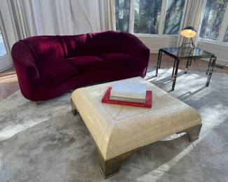 1940's French Velvet Burgundy Upholstered Sofa with Original Horse Hair Stuffing (82"W x 48"D x 28" Back Height) & Zanaboni Brass Foot & Parchment Top Modern Coffee Table (44"W x 44"D x 16"H) & Chrome & Brass with Tinted Glass Top Side Table (26"W x 26"D x 22"H) & Serge Mouille Reproduction Tri-Pod Lamp
