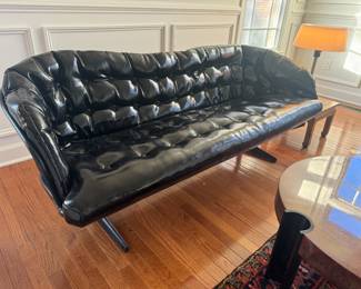 Vintage Modern Black Faux-Leather Tufted Sofa with Metal Base  (72"W x 29"D x 27" Back Height)