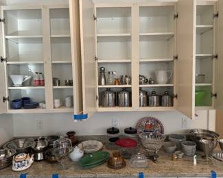 Large Supply of Glass, Metal Bowls & Kitchen Accessories