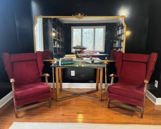 Matching Vintage Upholstered Wingback Italian Armchairs (32"D x 28"W x 35" Back Height / 2 Available) & Vintage Wood Cross Base with Glass Top Console Table / Desk (40"W x 24"D x 29"H) w/ Mid-Century Modern Wheeler Sight Light Desk Lamp by Leroy Doane (13-1/2"H x 22"W x 12"D) & Vintage Gold Gilt Headboard / Dresser Top Mirror with Carved Accents (Mirror Size - 42"H x 80"W x 2"D / Comes with Legs)