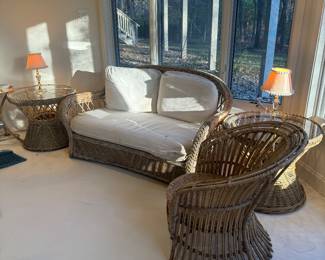 Vintage Wicker Loveseat, 2 Glass Round End Tables & 2 Armchairs