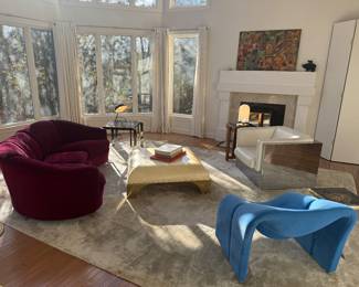 Modway Cusp Lounge Chair (33"W x 29"D x 27"H) & Milo Baughman Chrome Clad Cube Leather Club Chair (38"W x 36"D x 28"H) & 1940's French Velvet Burgundy Upholstered Sofa with Original Horse Hair Stuffing (82"W x 48"D x 28" Back Height) & Zanaboni Brass Foot & Parchment Top Modern Coffee Table (44"W x 44"D x 16"H) & Chrome & Brass with Tinted Glass Top Side Table (26"W x 26"D x 22"H) & Serge Mouille Reproduction Tri-Pod Lamp