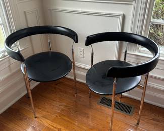 Mid-Century Modern Sorlie and Sonner Chrome Base with Leather Upholstered Seat And Backrest "Rondo Chair" by Jan Lunde Knudsen (23"W x 17"D x 27" Back Height / 2 Available)
