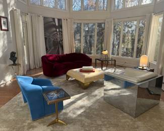 Modway Cusp Lounge Chair (33"W x 29"D x 27"H) & Milo Baughman Chrome Clad Cube Leather Club Chair (38"W x 36"D x 28"H) & 1940's French Velvet Burgundy Upholstered Sofa with Original Horse Hair Stuffing (82"W x 48"D x 28" Back Height) & Zanaboni Brass Foot & Parchment Top Modern Coffee Table (44"W x 44"D x 16"H) & Chrome & Brass with Tinted Glass Top Side Table (26"W x 26"D x 22"H) & Serge Mouille Reproduction Tri-Pod Lamp