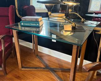 Vintage Wood Cross Base with Glass Top Console Table / Desk (40"W x 24"D x 29"H) w/ Mid-Century Modern Wheeler Sight Light Desk Lamp by Leroy Doane (13-1/2"H x 22"W x 12"D)
