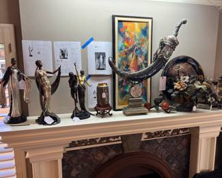 Erte bronze sculptures and Antique Tibetan - Mongolian ceremonial sword with horn scabbard Silver, Jade and Turquoise accents and stand