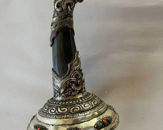 Antique Tibetan - Mongolian ceremonial sword with horn scabbard Silver, Jade and Turquoise accents and stand