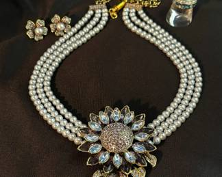 Heidi Daus Crystal Blue Flower Necklace Floral Earrings And Ring