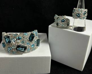 Blue Crysta Statement Bracelet And Matching 925 Sterling Ring And Earrings