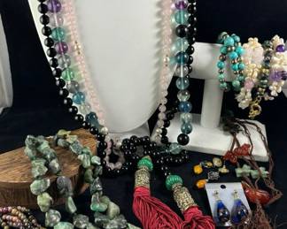 Pink Jadeite Necklace and Bracelet and Other Stone and Glass Beaded Jewelry