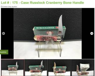 Lot # : 175 - Case Russlock Cranberry Bone Handle
Case xx 9 dot USA 61953L SS Script Measures: 4" closed Blades: single locking Badge: Inlaid in handle Long Tail Case xx Box: Original.
