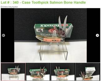 Lot # : 340 - Case Toothpick Salmon Bone Handle
Case xx 2 dot USA 640096 SS Shepherd Hills Exclusive 4 blade toothpick Measures: 3" closed Blades: 4 SS Badge: Long Tail Case xx Box: Original.
