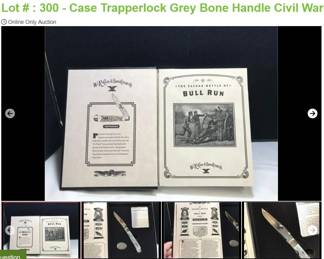 Lot # : 300 - Case Trapperlock Grey Bone Handle Civil War
Civil War Book Set Volume 5 The Second Battle of Bull Run Case xx 8 dot USA 6154L SS Measures: 4" closed Blades: single SS etched with American & confederate flag 150 years Badge: American Flag & confederate flag with Long Tail CASE xx Bolsters: engraved long tail C #060 Box: Special Book Original.
