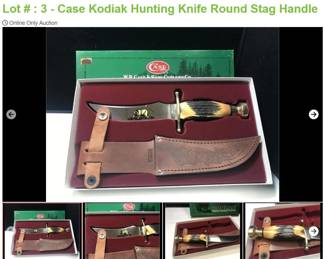 Lot # : 3 - Case Kodiak Hunting Knife Round Stag Handle
	Case xx USA Kodiak 3 dot Handmade in USA Measures: 10 1/2" Long Blades: single etched Badge: Long Tail Case xx Heel & Pummel: Brass Box: Original. 
