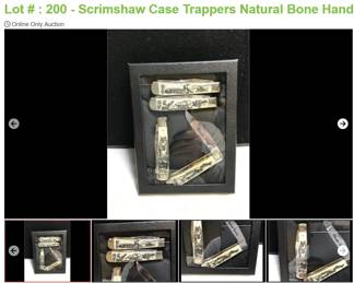 Lot # : 200 - Scrimshaw Case Trappers Natural Bone Handle Karst
Case xx 3 dot USA 6254 SS Shepherd Hills Exclusive Alaska Series by Scrimshaw Artist/Designer Linda Karst Measures: 4 1/4" closed Blades: 2 etched Alaska Series Badge: none Handle: Scrimshaw art by Linda Karst of a Wolf, Moose & Ravens, Caribou & Grizzly Bear and Salmon Box: all the Original boxes included.
