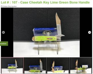 Lot # : 107 - Case Cheetah Key Lime Green Bone Handle
Case xx 6 dot USA 6111 1/2 SS Measures: 4 1/4" closed Blades: single etched Limited XX Edition 1 of 3,000 Badge: CASE Box: Original.
