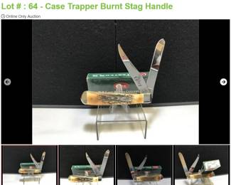 Lot # : 64 - Case Trapper Burnt Stag Handle
Case xx 7 dot USA 05254 SS Measures: 4" closed Blades: 2 SS etched STAG Badge: CASE XX Box: Original
