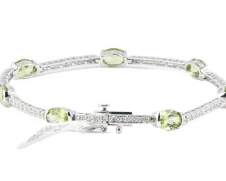 14k White Gold Oval Peridot & 0.30 TDW Diamond Bracelet - NEW WITH TAG