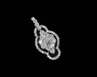 14k White Gold Round Brilliant Cut & Baguette Cut Diamond Pendant