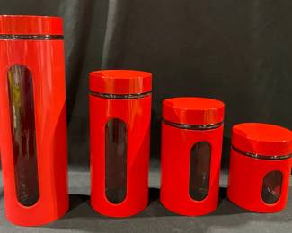 4 Red Metal And Glass Canisters