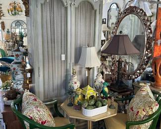 Handpainted armoire, Pair green lacquered armchairs, Oval pierced Italian mirror, Painted octagonal pedestal side table, and more.