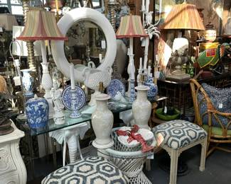 Pair upholstered benches, Round pencil reed side table, Majolica 3-part lobster dish, Painted elephant console with glass top, Round painted grasscloth vintage mirror, and more. 