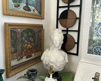 Serves bust of Marie Antoinette, Pair still life paintings, Palm tree candlestick, and more.