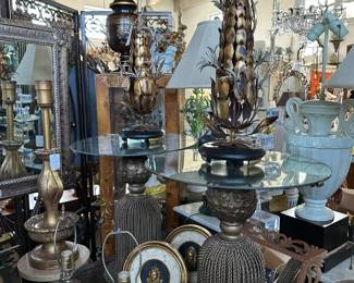 Pair metal tassel end tables with mirrored tops, Pair unusual gilt mental Italian lamps, and more