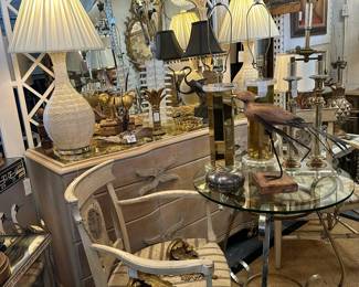 Grosfeld House pickled dresser, Brass & chrome occasional table, Carved foliate mirror, Pair painted armchairs with rush seats.