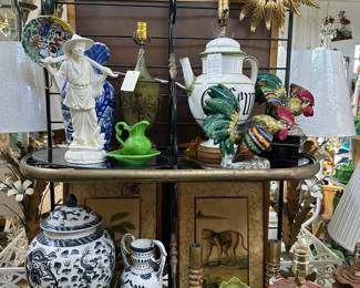 Baker's rack, Pair majolica roosters, Pair carved pineapple lamps, Collection of pottery, and more.