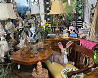 19c. Sorrento table, Caned bench, 19c. Neoclassical swan-back settee, Circle-and-bar framed mirror, Empire style burlwood commode.
