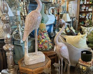 Pair large carved wood Flamingos, Pair burnt bamboo octagonal side tables, Pierced brass gardens seat, Large carved silvergilt torchiere.