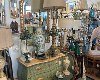 Hanpainted bombe commode by Patina, Chinese export vase, Pair tole topiaries in iron urns, Handcarved giltwood mirror.