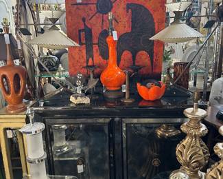Vintage mirrored bar, Pair 1950s table lamps, Lucite waterfall table, and more