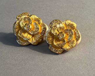 Christian Dior 1970s Vintage Camellia Crystals Layer Rose Flower Earrings
