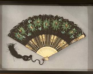 Antique Framed French Hand Painted and Lace Fan Decorated with Sequins