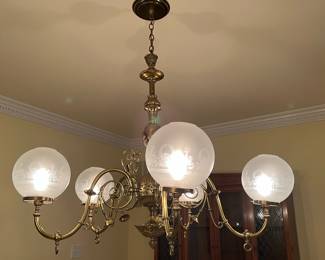 Antique Victorian Brass Gasolier Ceiling Light Fixture with Original Etched Glass Shades, has been electrified