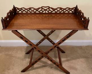 Vintage Pierced Mahogany Chippendale Style Folding Butler Tray and Stand
