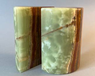 Vintage Demi-Lune Polished Green Onyx Bookends