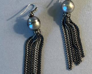 David Yurman Silver Diamond Baroque Tahitian Pearl Tassel Multi Chain Earrings