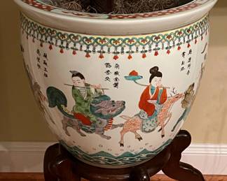 Chinese Fish Bowl Pot on Stand, 3 available. Faux Ficus Trees Sold Separately