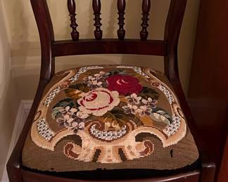Antique Victorian Mahogany Chair with Floral Needlepoint Seat
