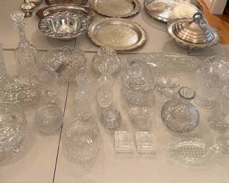 Large Selection of Cut Crystal and Some Silver Plate Serving Pieces