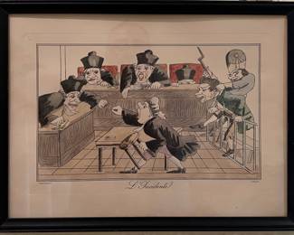 Vintage French Caricature “L'Incidente” Color Lithograph, c1900